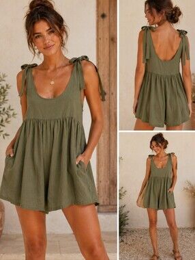 Olive Green Tie Shoulder Romper Flowy Babydoll Open Back Size S Western Wedding